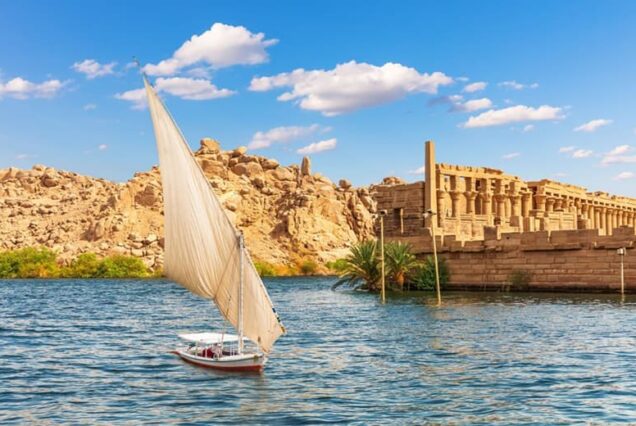 felucca by the temple of philae on the agilikia island the nile aswan egypt