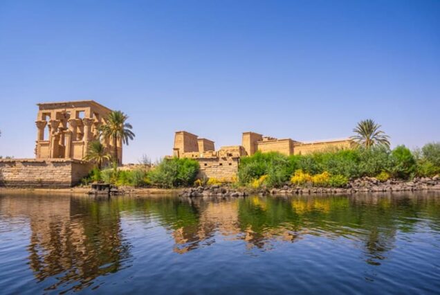 temple of philae and the greco roman buildings seen from the nile